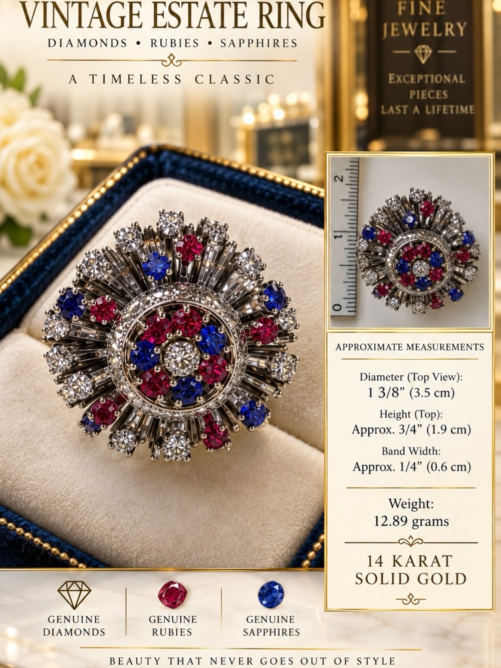 14K Gold Cocktail Ring with Blue Sapphires & Red Rubies